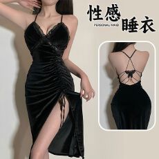 批发性感睡衣女金丝绒<b class='q'>吊带</b><b class='q'>睡裙</b>美背高开叉纯欲迷人带胸垫家居服