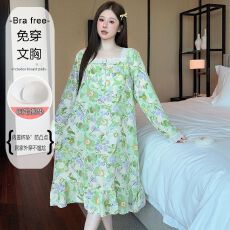 批发云朵棉睡衣女秋季带固定胸垫甜美时尚花边<b class='q'>加肥</b><b class='q'>加大</b>版中长袖睡裙家