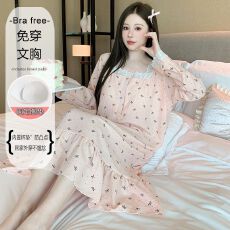批发云朵棉睡衣女秋季带固定胸垫甜美时尚花边<b class='q'>加肥</b><b class='q'>加大</b>版中长袖睡裙家