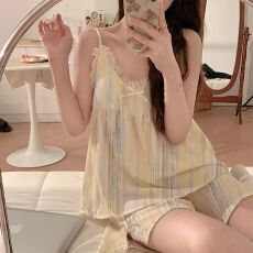 批发2025 <b class='q'>夏季</b>新款M-XXL泡泡皱布<b class='q'>性感</b>带胸垫韩版<b class='q'>睡衣</b>甜美可爱套装实拍