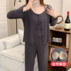 批发实拍深灰色2025秋季新款<b class='q'>莫代尔</b>带胸垫三件套女士<b class='q'>睡衣</b>
