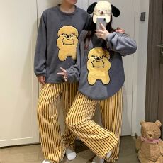 批发米粒绒2025  秋冬季情侣睡衣珊瑚绒加厚圆领卡通男家居服套装