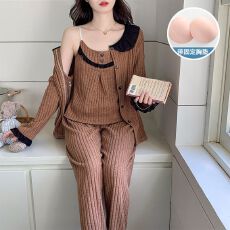 批发实拍秋冬季新款<b class='q'>睡衣</b>女带胸垫坑条羊绒吊带长裤外套<b class='q'>三件套</b>家居服