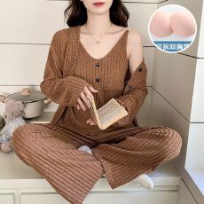 批发秋冬季新款<b class='q'>睡衣</b>女带胸垫坑条羊绒吊带长裤外套<b class='q'>三件套</b>家居服