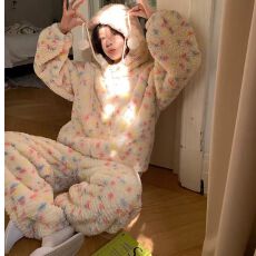 批发秋冬季羊羔绒拉链款女款睡衣厚款<b class='q'>女士</b>珊瑚绒保暖家居服套装大码