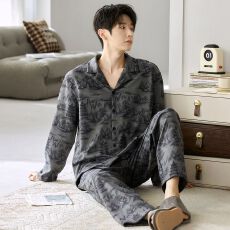 批发冬季新款睡衣男士高质量双面德绒翻领开衫长袖长裤舒适家居服套装