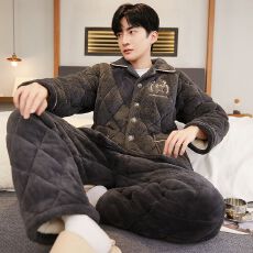 批发睡衣男士秋冬季加厚夹棉袄保暖套装冬天大码开衫家居服