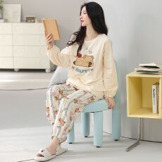 批发睡衣女100%纯棉长袖长裤春秋新款卡通圆领可外穿家居服套装