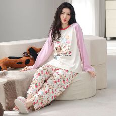 批发睡衣女100%纯棉长袖长裤春秋新款卡通圆领可外穿家居服套装