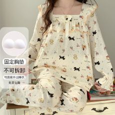 批发带胸垫睡衣<b class='q'>女士</b>秋季新款云朵棉长袖长裤甜美蕾丝家居服套装可外穿