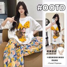 批发爆款带胸垫睡衣女短袖长裤<b class='q'>夏季</b>家居服牛奶丝套装外穿