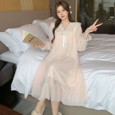 批发V领蕾丝<b class='q'>秋</b>季新款睡裙蕾丝网纱长袖睡裙带胸垫家居服