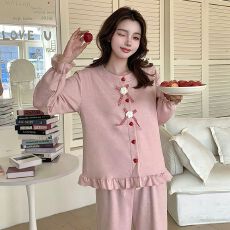 批发冬季新款羊绒加厚开衫睡衣女甜美少女蝴蝶结家居服套装