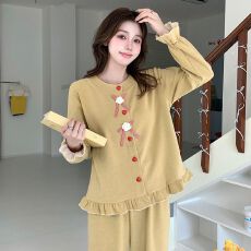 批发冬季新款羊绒加厚开衫睡衣女甜美少女蝴蝶结家居服套装