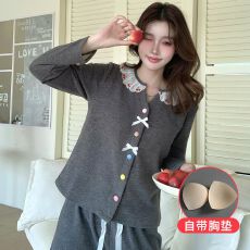 批发秋冬睡衣女德绒澳洲羊绒保暖加厚圆领开衫带胸垫可外穿套装家居服