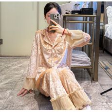 批发冬季金钻绒蕾丝花边翻领开衫长袖睡衣女套装家居服