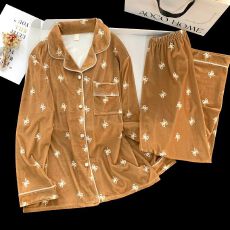 批发冬季<b class='q'>金丝</b>绒开衫长袖长裤保暖加绒蝴蝶结简约宽松家居服套装睡衣女