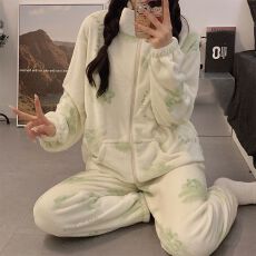 法兰绒暖绒冬季新款女绒印花加厚拉链开衫女睡衣家居服