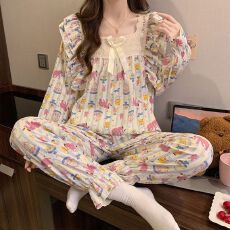 批发云朵棉春花边方领睡衣女可爱甜美舒适长袖长裤简约家居<b class='q'>服</b>