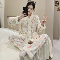 批发秋冬法式简约保暖亲肤海岛绒睡衣女长袖<b class='q'>蕾丝</b>韩国绒外穿显瘦家居服