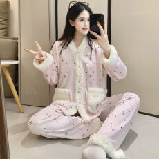 批发秋冬法式简约保暖亲肤海岛绒睡衣女长袖<b class='q'>蕾丝</b>韩国绒外穿显瘦家居服