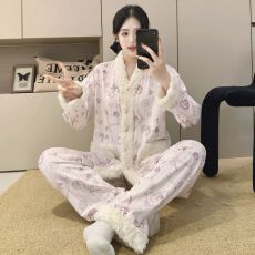 批发秋冬法式简约保暖亲肤海岛绒睡衣女长袖<b class='q'>蕾丝</b>韩国绒外穿显瘦家居服