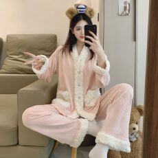 批发秋冬法式简约保暖亲肤海岛绒睡衣女长袖<b class='q'>蕾丝</b>韩国绒外穿显瘦家居服
