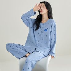 批发休闲青年女睡衣长袖<b class='q'>纯棉</b>开衫春秋季<b class='q'>家居服</b>全棉睡衣秋季套装薄款