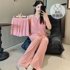 6535棉睡衣女春夏季甜美风带胸垫开衫短袖短裤长裤三件家居服外穿