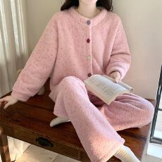 珊瑚绒睡衣女秋冬季2025新款半边绒加厚保暖法兰绒可爱家居服套装