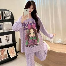 批发爆款秋冬季仿棉睡衣女带胸垫新款长袖长<b class='q'>裤</b><b class='q'>宽松</b>大码卡通家居服套装