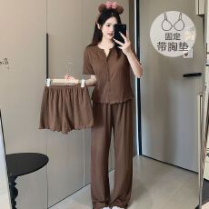 批发实拍直播爆款短袖6535棉睡衣女韩版小爱心少女花边开衫三件<b class='q'>套装</b>