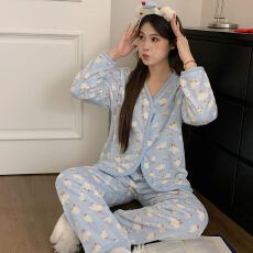 批发法兰绒睡衣女秋冬季甜美公主风开衫长袖长裤<b class='q'>加肥</b>大码220斤家居服