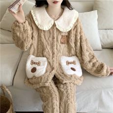 睡衣女秋冬新款可爱卡通开衫珊瑚绒提花绒保暖加厚家居服套装