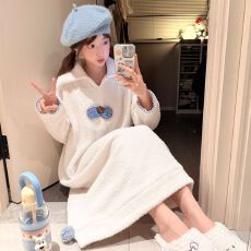 批发秋<b class='q'>冬</b>季新款睡裙半边绒少女甜美公主风中长款翻领睡袍家居服可外穿