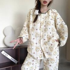 官图2025秋冬季奶黄小兔空气棉睡衣女款双层夹棉保暖家居服
