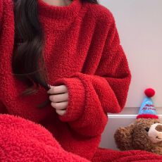 批发半边绒纯色简约保暖加绒加厚加肥宽松女士冬季家居服睡衣两件套