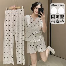 批发6535棉睡衣女春夏带胸垫开衫<b class='q'>短袖</b>短<b class='q'>裤</b>长<b class='q'>裤</b>三件家居服外穿