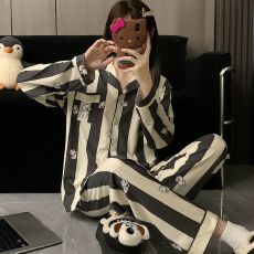 批发小狗条纹【仿棉日系拼色条纹西高地小狗睡衣<b class='q'>女</b>春秋长袖可爱家居服