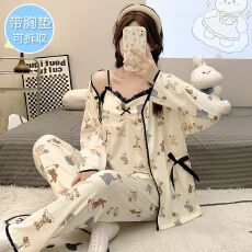 批发带胸垫<b class='q'>睡衣</b>女秋季新款仿棉绉布开衫<b class='q'>三件套</b>韩版宽松甜美可爱家居服