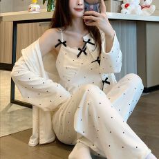 批发海岛绒<b class='q'>睡衣</b>女吊带长袖<b class='q'>三件套</b>纯欲性感蕾丝蝴蝶结波点套装