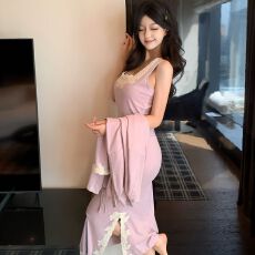 批发贵妇级高奢羊绒睡衣女，秋<b class='q'>冬</b>季性感纯欲长袖两件套睡裙蕾丝绒睡衣