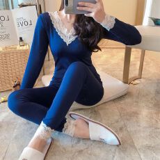 批发德绒V领蕾丝花边保暖内衣女士秋冬季新款修身<b class='q'>性感</b>睡衣家居服套装