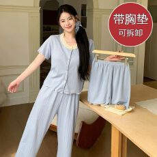 6535棉睡衣女新款夏季短袖短裤长裤三件套甜美薄款家居服