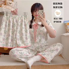 批发带胸垫直播网红夏季睡衣女<b class='q'>短裤</b>爆款云朵棉三件套娃娃领<b class='q'>蕾丝</b>套装
