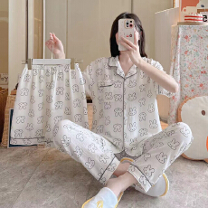 批发夏季新款开衫套装<b class='q'>三件套</b><b class='q'>睡衣</b>女舒适仿棉皱布家居服