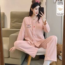 批发冬季款女士双长开衫柔软羊绒带胸垫休闲简约风套装睡衣