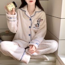 批发冬季新款睡衣女加厚半边绒开衫翻领甜美家居服套装 280克