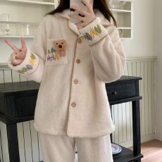 批发冬季新款睡衣女加厚半边绒开衫翻领甜美家居服套装 280克