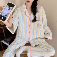 批发秋冬季新款睡衣女加厚空气夹层开衫翻领长袖甜美宽松套装